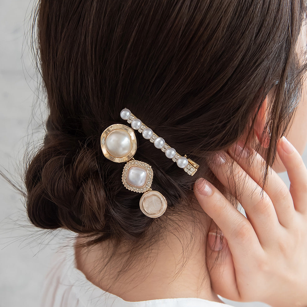 ヘアクリップ メタル マーブル パール ストーン サークル スクエア 2個セット