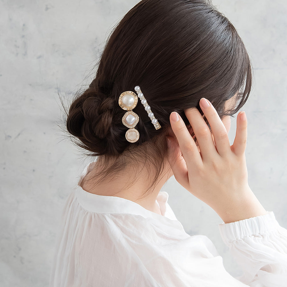 ヘアクリップ メタル マーブル パール ストーン サークル スクエア 2個セット