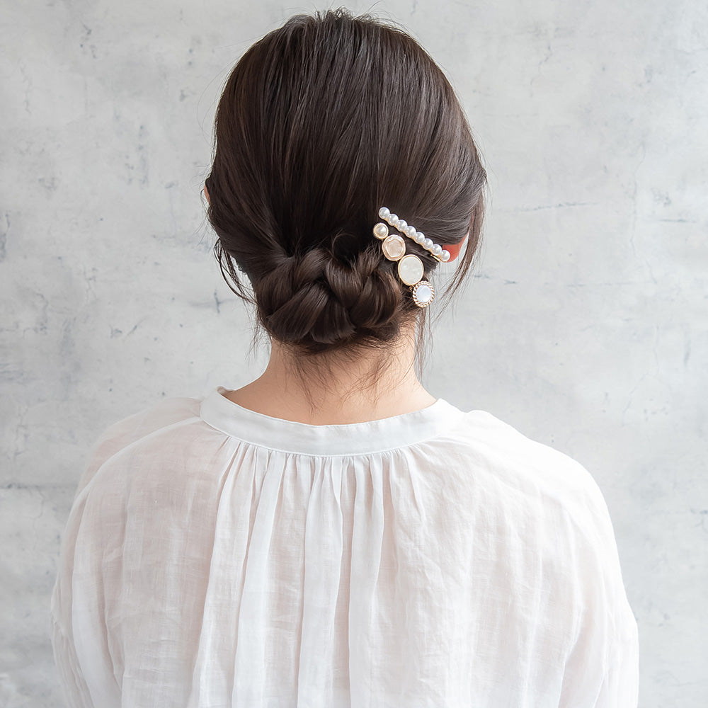 ヘアクリップ メタル マーブル パール サークル 2個セット