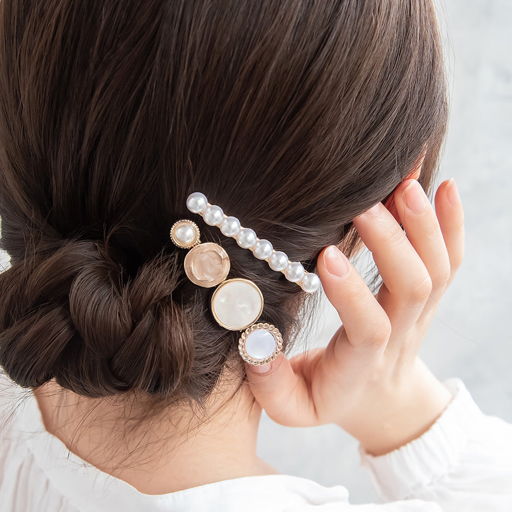 ヘアクリップ メタル マーブル パール サークル 2個セット