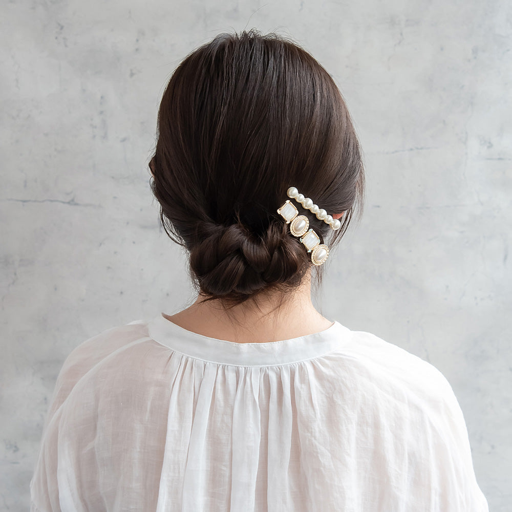 ヘアクリップ メタル ジュエル パール 2本セット