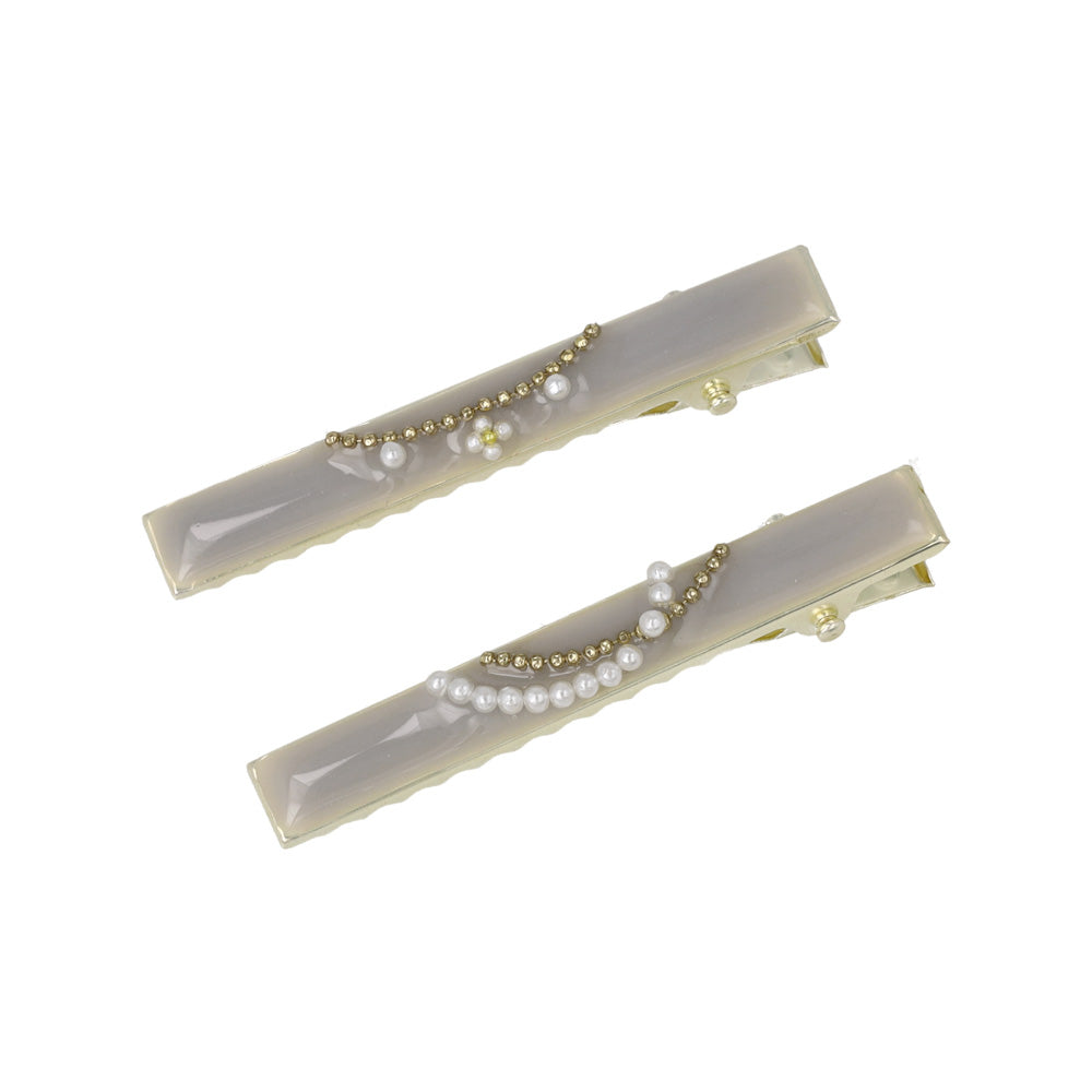 ヘアクリップ NOUVE. レクタングル フラワー パール ボールチェーン カーブライン 2個セット サイドクリップ