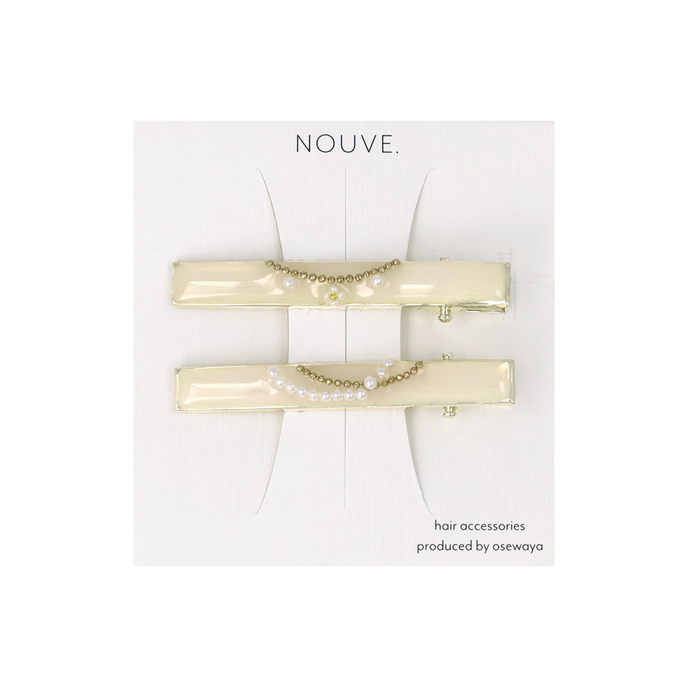 ヘアクリップ NOUVE. レクタングル フラワー パール ボールチェーン カーブライン 2個セット サイドクリップ