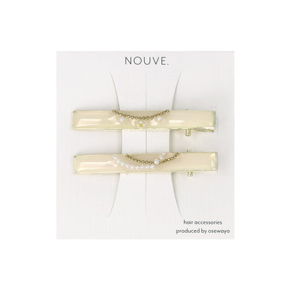 ヘアクリップ NOUVE. レクタングル フラワー パール ボールチェーン カーブライン 2個セット サイドクリップ