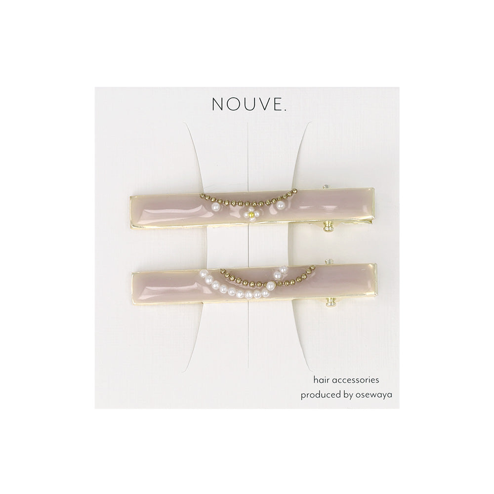 ヘアクリップ NOUVE. レクタングル フラワー パール ボールチェーン カーブライン 2個セット サイドクリップ