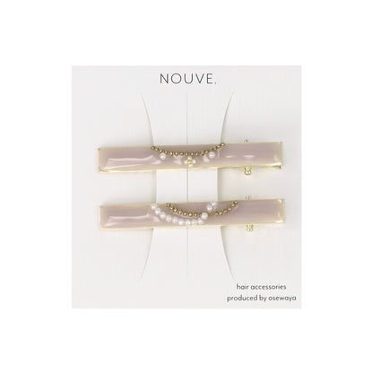 ヘアクリップ NOUVE. レクタングル フラワー パール ボールチェーン カーブライン 2個セット サイドクリップ