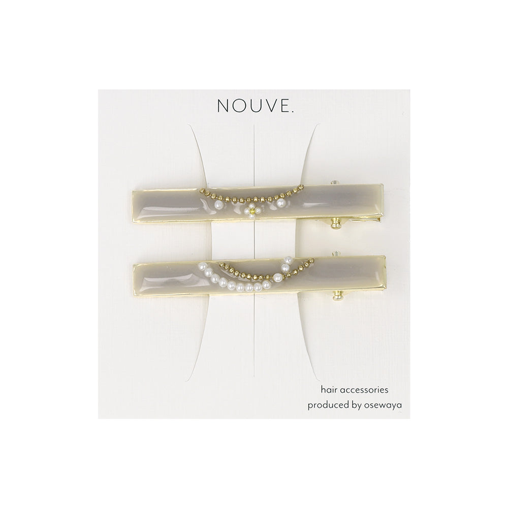 ヘアクリップ NOUVE. レクタングル フラワー パール ボールチェーン カーブライン 2個セット サイドクリップ