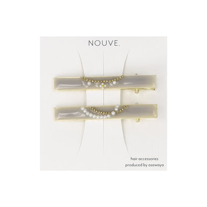 ヘアクリップ NOUVE. レクタングル フラワー パール ボールチェーン カーブライン 2個セット サイドクリップ