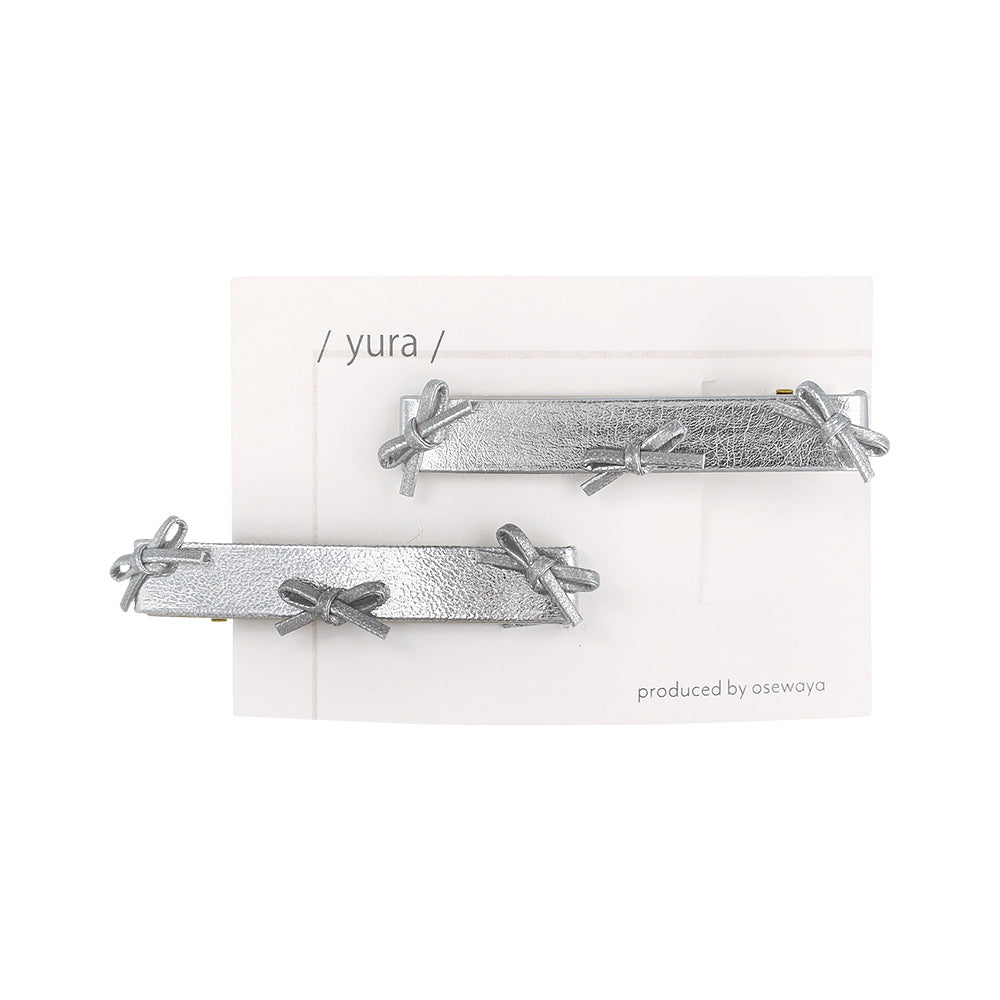 ヘアクリップ yura メタル トリプル リボン フェイクレザー 2個セット サイドクリップ