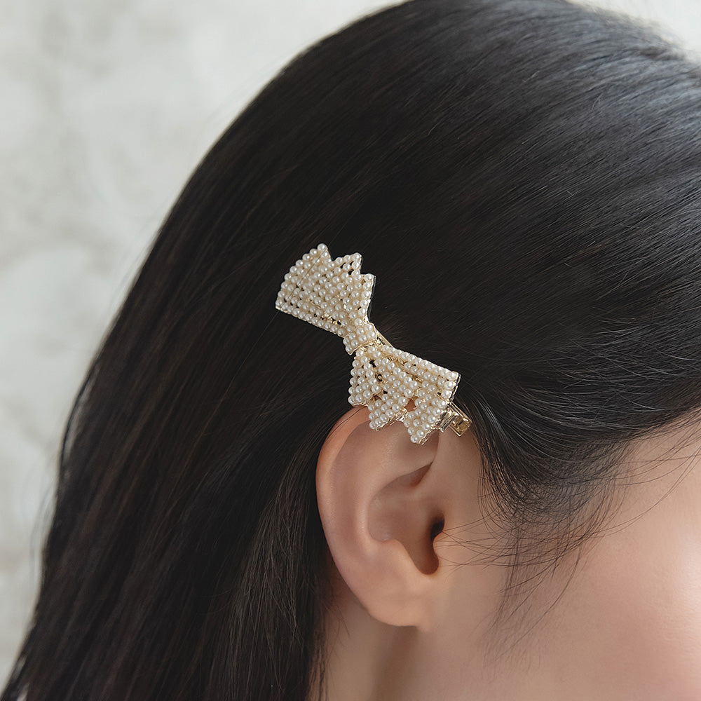 ヘアクリップ NOUVE. メニー ストーン パール リボン サイドクリップ