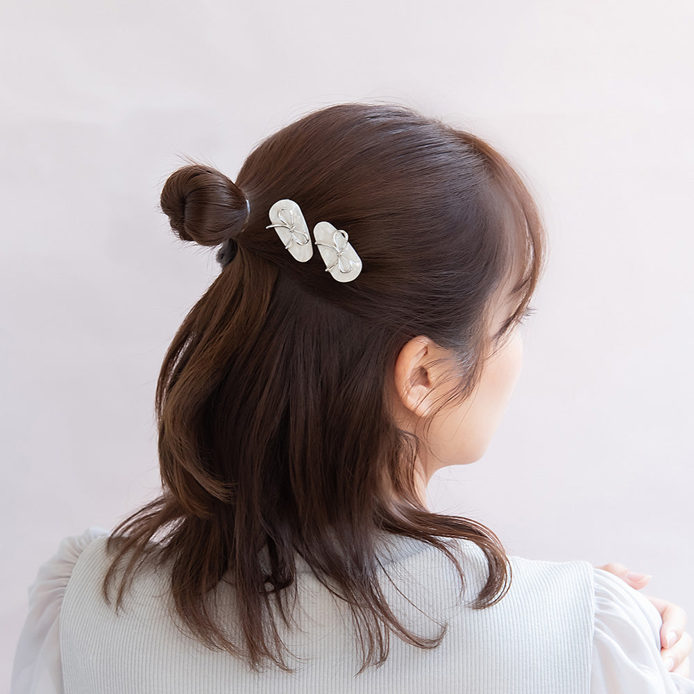 ヘアクリップ NOUVE. ニッケルフリー メタル リボン マーブル カラー ２個セット ミニ サイドクリップ