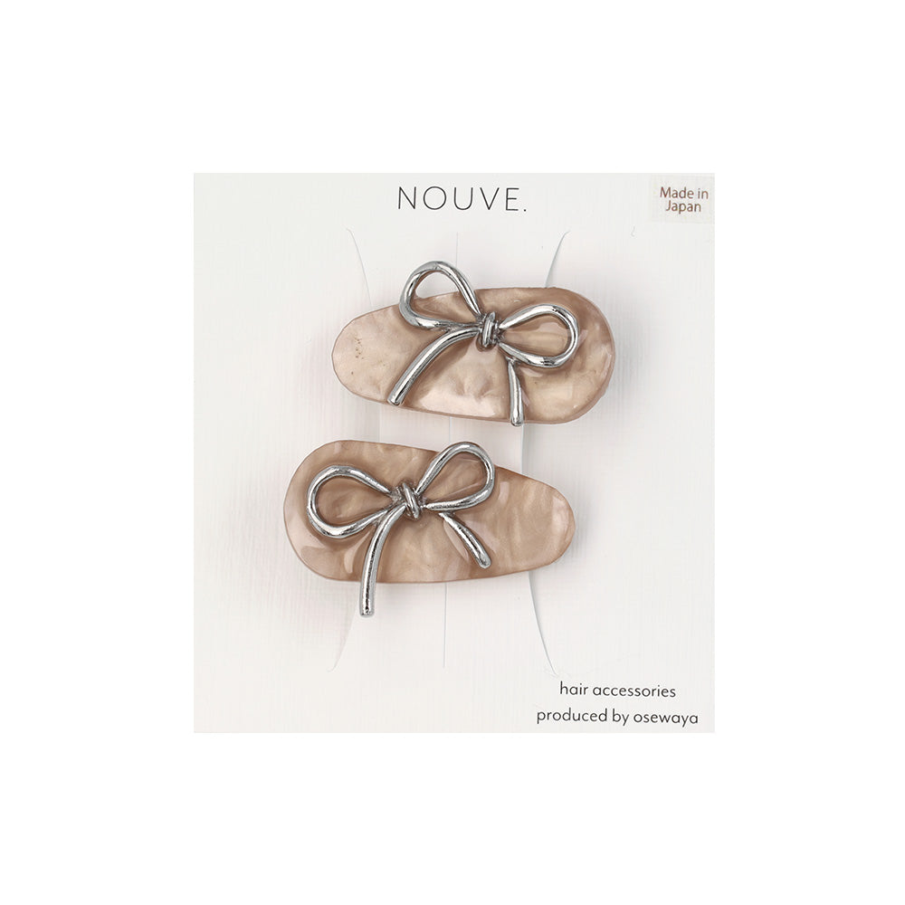 ヘアクリップ NOUVE. ニッケルフリー メタル リボン マーブル カラー ２個セット ミニ サイドクリップ