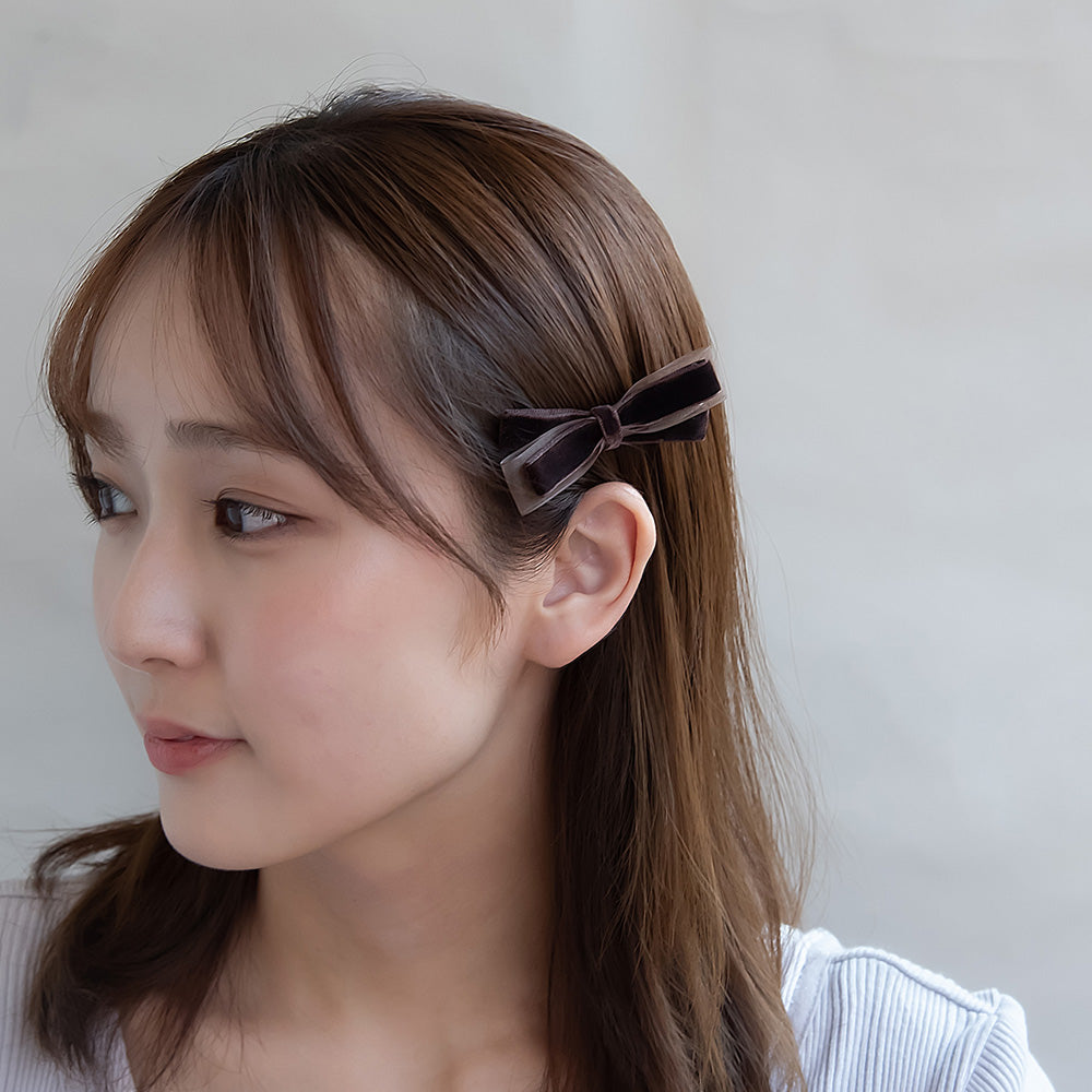 ヘアクリップ シアー ベロア ダブル リボン 2個セット サイドクリップ