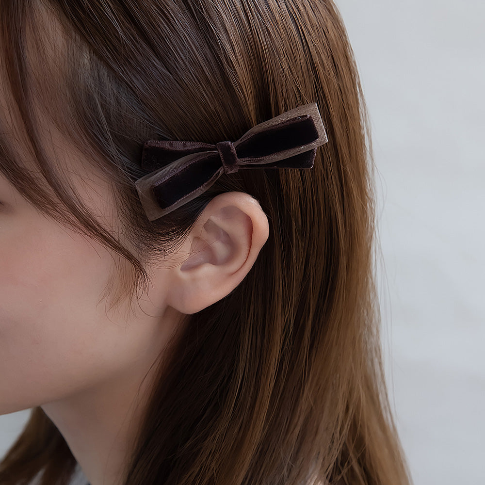 ヘアクリップ シアー ベロア ダブル リボン 2個セット サイドクリップ