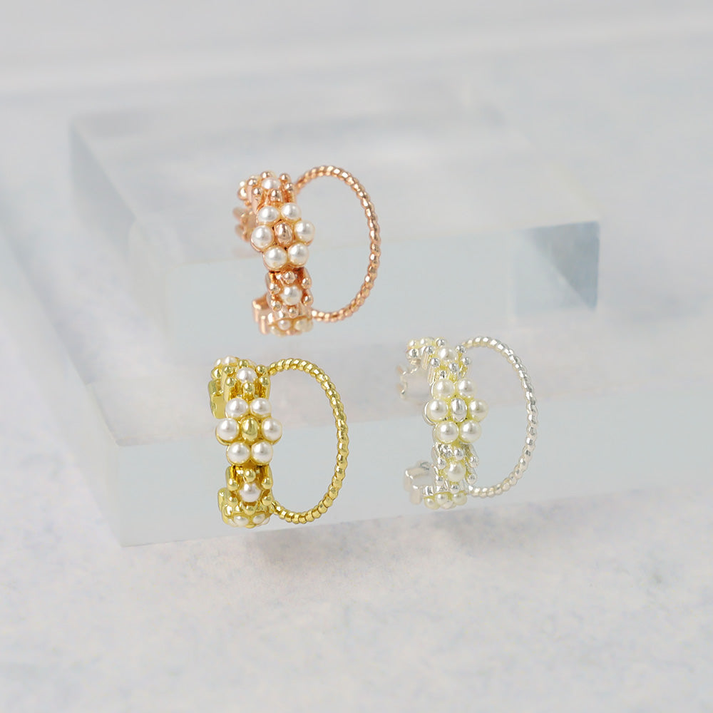 イヤーカフ ニッケルフリー メタル ダブル ライン フラワー パール ツイスト イヤリング 【片耳用】