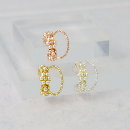 イヤーカフ ニッケルフリー メタル ダブル ライン フラワー パール ツイスト イヤリング 【片耳用】