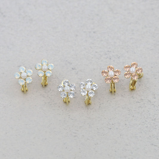 イヤリング ニッケルフリー フラワー カラー ストーン パール ネジバネ式イヤリング