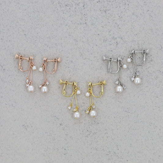 イヤリング ニッケルフリー ミニ ダブル パール ストーン 下がり ネジバネ式イヤリング
