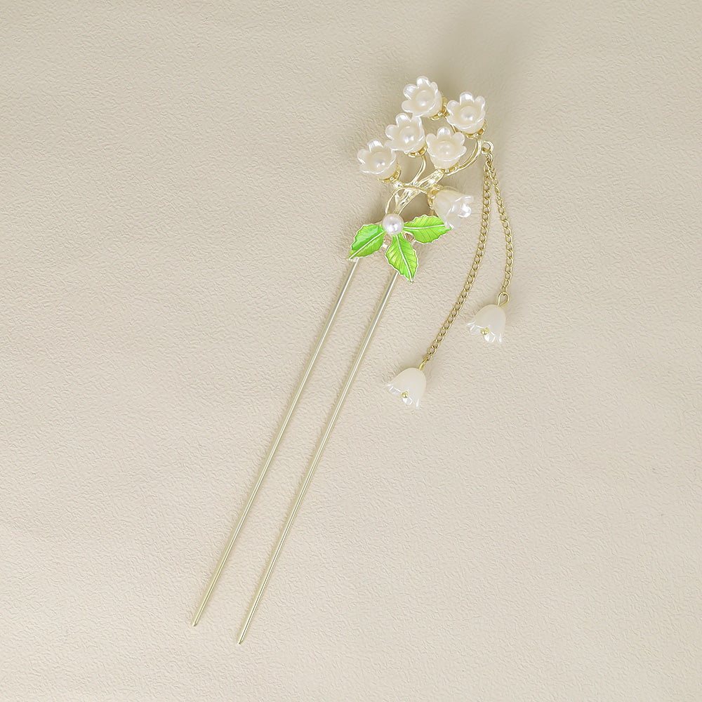 かんざし hair stick メタル フラワー スズラン パール チェーン 下がり U字