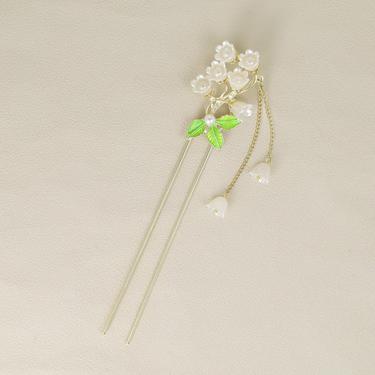 かんざし hair stick メタル フラワー スズラン パール チェーン 下がり U字