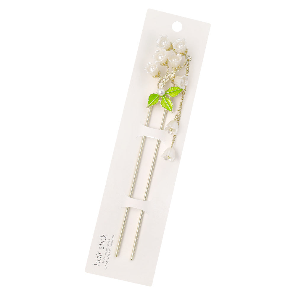かんざし hair stick メタル フラワー スズラン パール チェーン 下がり U字