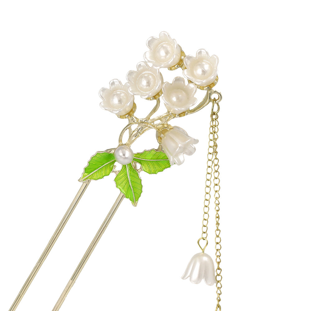 かんざし hair stick メタル フラワー スズラン パール チェーン 下がり U字