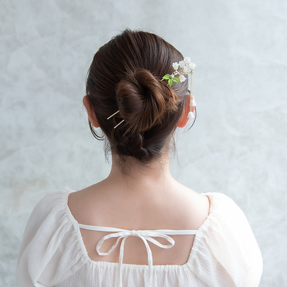 かんざし hair stick メタル フラワー スズラン パール チェーン 下がり U字