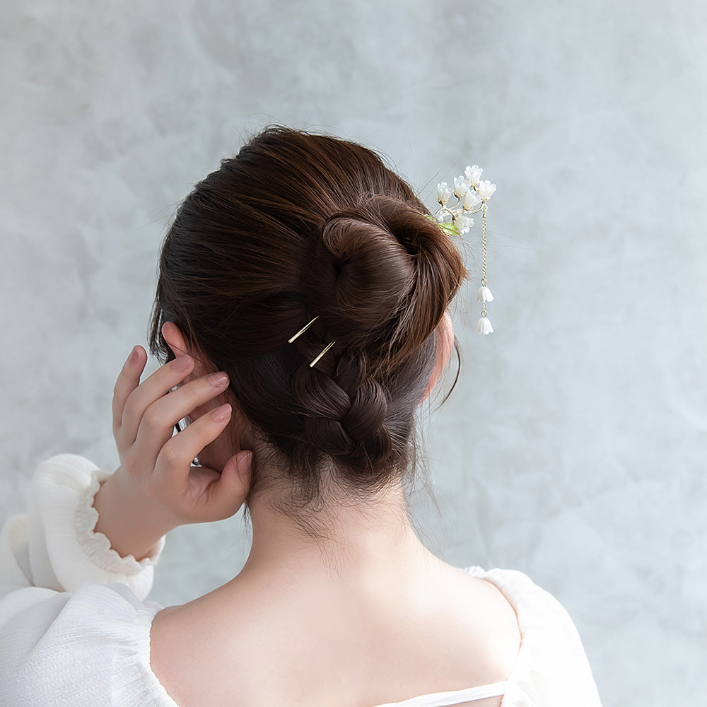 かんざし hair stick メタル フラワー スズラン パール チェーン 下がり U字