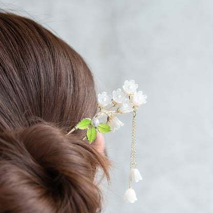 かんざし hair stick メタル フラワー スズラン パール チェーン 下がり U字