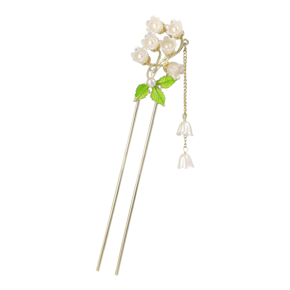かんざし hair stick メタル フラワー スズラン パール チェーン 下がり U字