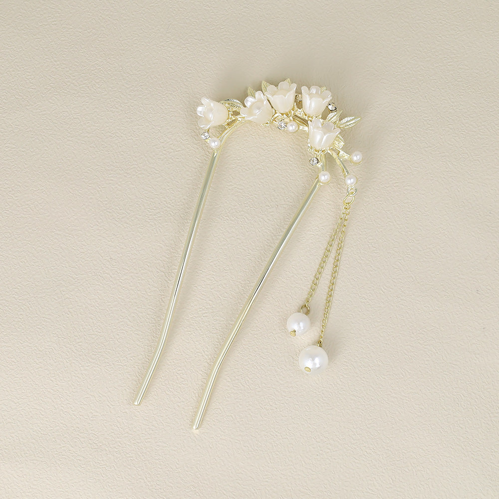 かんざし hair stick メタル フラワー パール チェーン 下がり U字