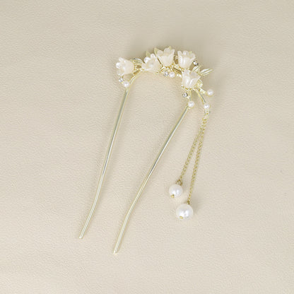 かんざし hair stick メタル フラワー パール チェーン 下がり U字