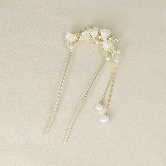 かんざし hair stick メタル フラワー パール チェーン 下がり U字