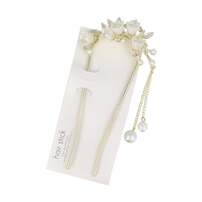 かんざし hair stick メタル フラワー パール チェーン 下がり U字