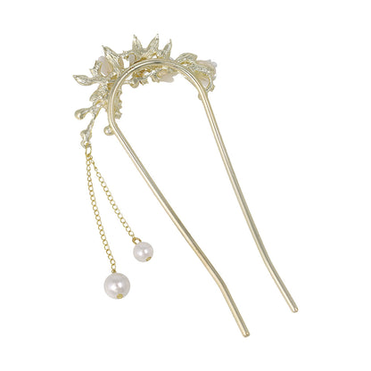かんざし hair stick メタル フラワー パール チェーン 下がり U字