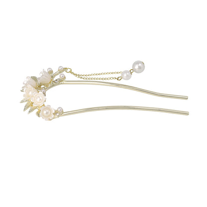 かんざし hair stick メタル フラワー パール チェーン 下がり U字