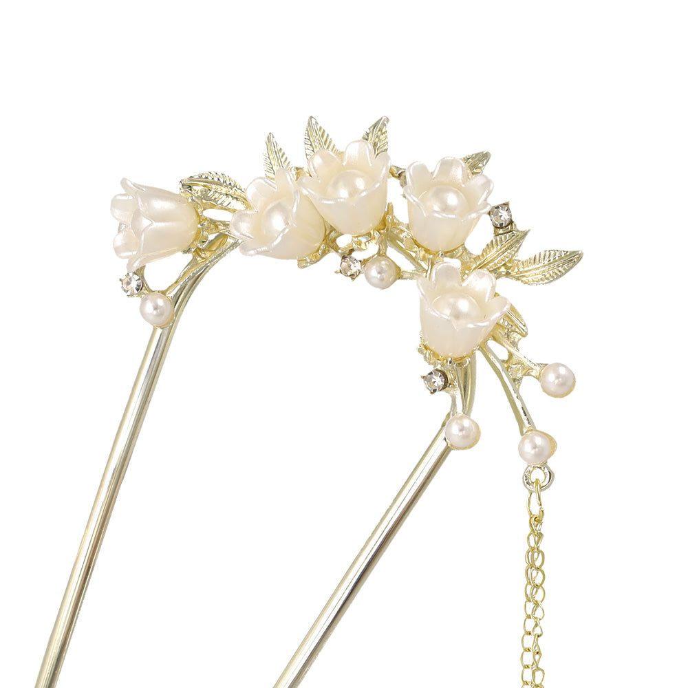 かんざし hair stick メタル フラワー パール チェーン 下がり U字