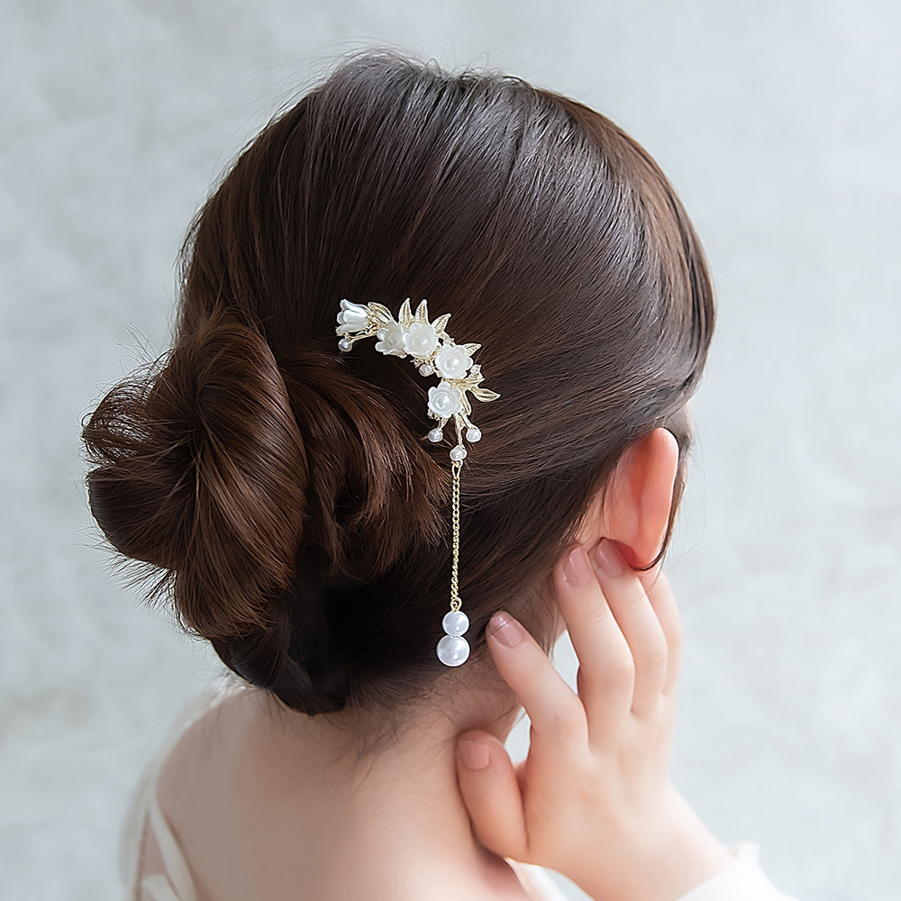 かんざし hair stick メタル フラワー パール チェーン 下がり U字