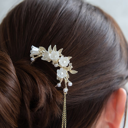 かんざし hair stick メタル フラワー パール チェーン 下がり U字