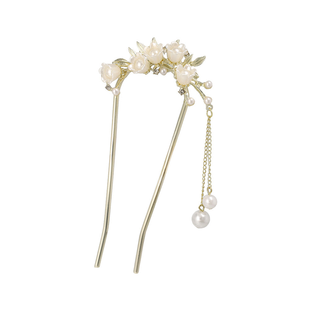 かんざし hair stick メタル フラワー パール チェーン 下がり U字