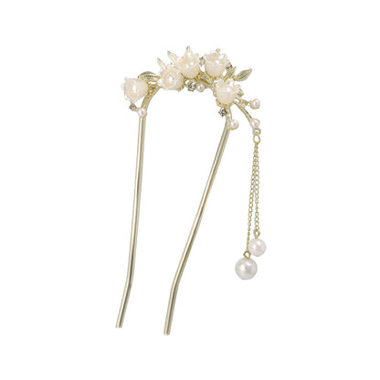かんざし hair stick メタル フラワー パール チェーン 下がり U字