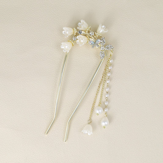 かんざし hair stick メタル フラワー パール チェーン 下がり U字