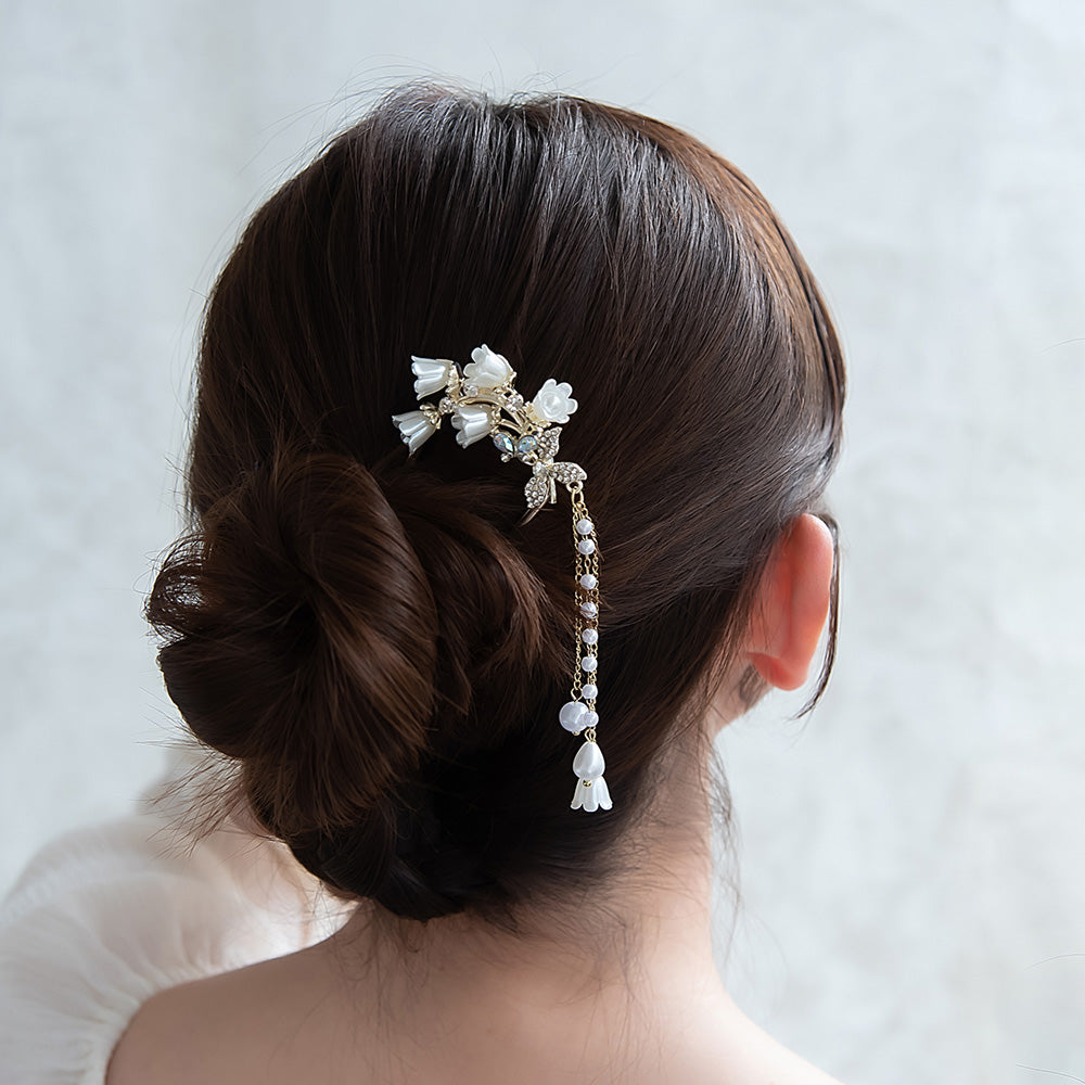 かんざし hair stick スズラン パール チェーン 下がり U字 – OSEWAYA