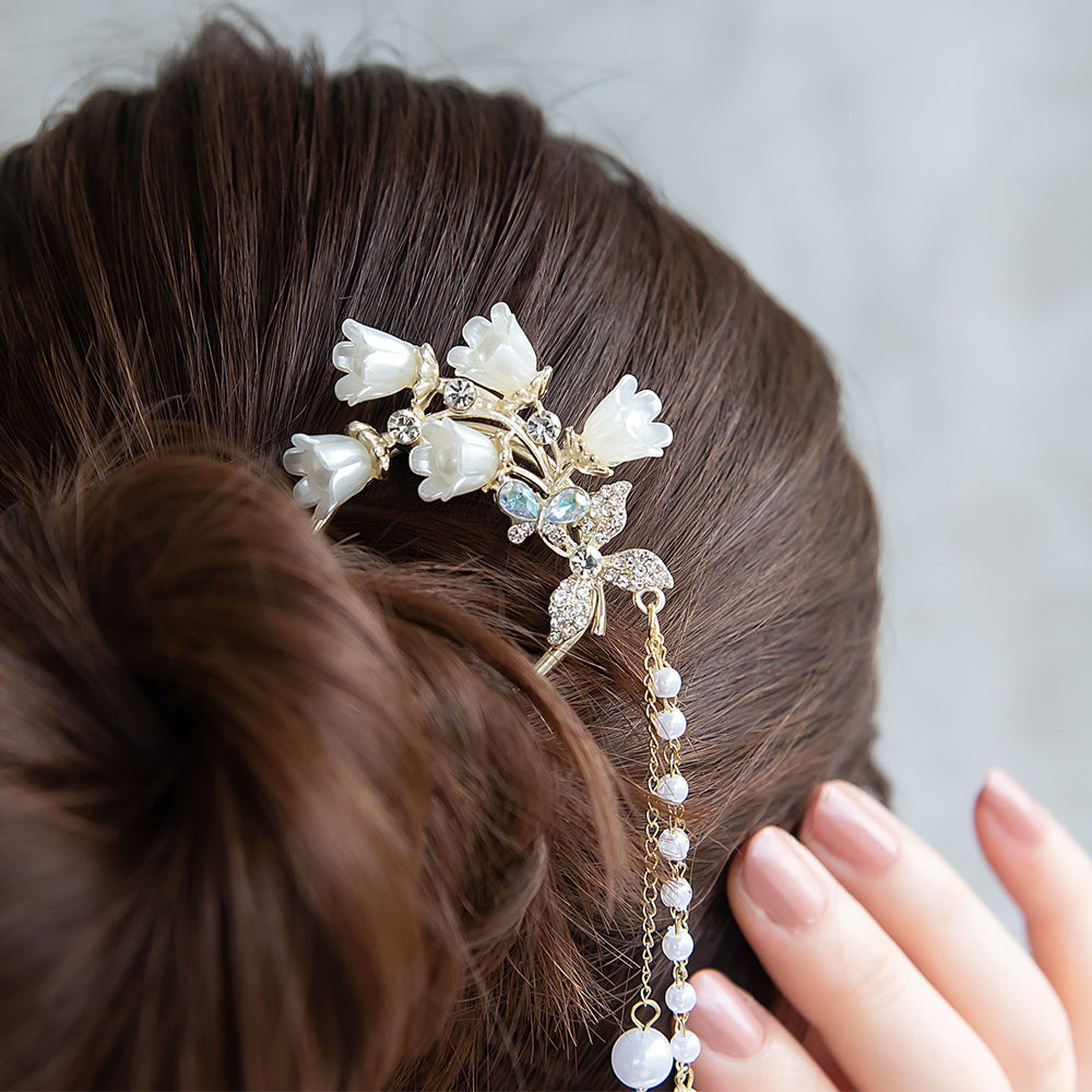 かんざし hair stick スズラン パール チェーン 下がり U字 – OSEWAYA