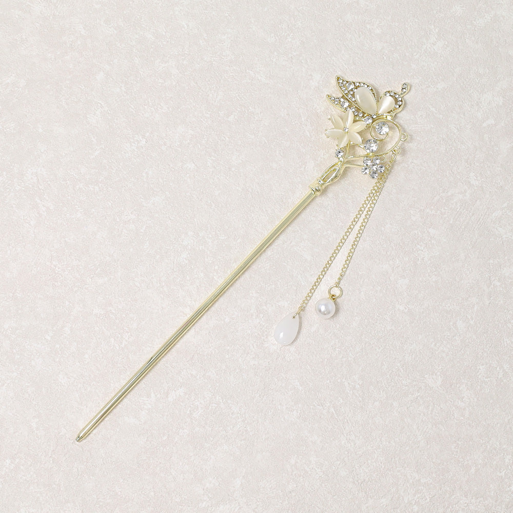 かんざし hair stick メタル 蝶 フラワー ドロップ パール ストーン チェーン 下がり ヘアスティック