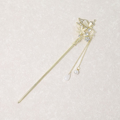 かんざし hair stick メタル 蝶 フラワー ドロップ パール ストーン チェーン 下がり ヘアスティック