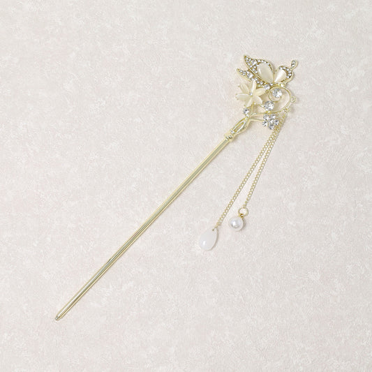 かんざし hair stick メタル 蝶 フラワー ドロップ パール ストーン チェーン 下がり ヘアスティック