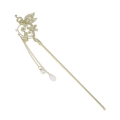 かんざし hair stick メタル 蝶 フラワー ドロップ パール ストーン チェーン 下がり ヘアスティック