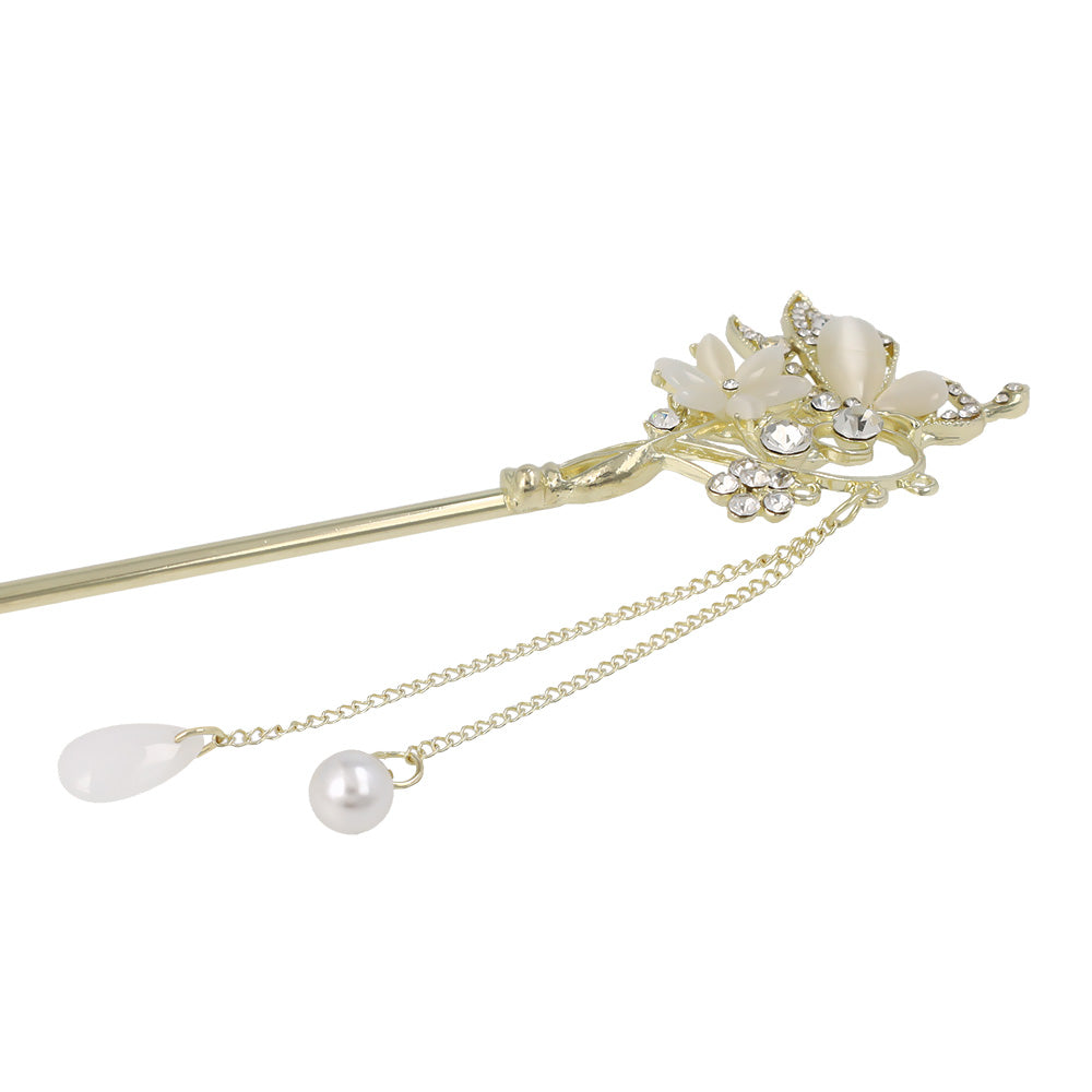 かんざし hair stick メタル 蝶 フラワー ドロップ パール ストーン チェーン 下がり ヘアスティック