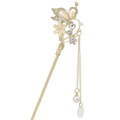かんざし hair stick メタル 蝶 フラワー ドロップ パール ストーン チェーン 下がり ヘアスティック